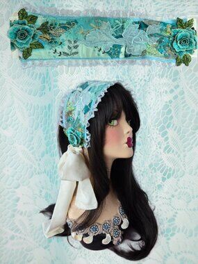 Handmade Romantic Lace and Embroidered Headband Art to Wear Coquette Cottagecore